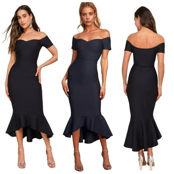 Lulus How Much I Care Off Shoulder Midi Dress L Navy Blue Trumpet Hi Low Hem New - Picture 14 of 14